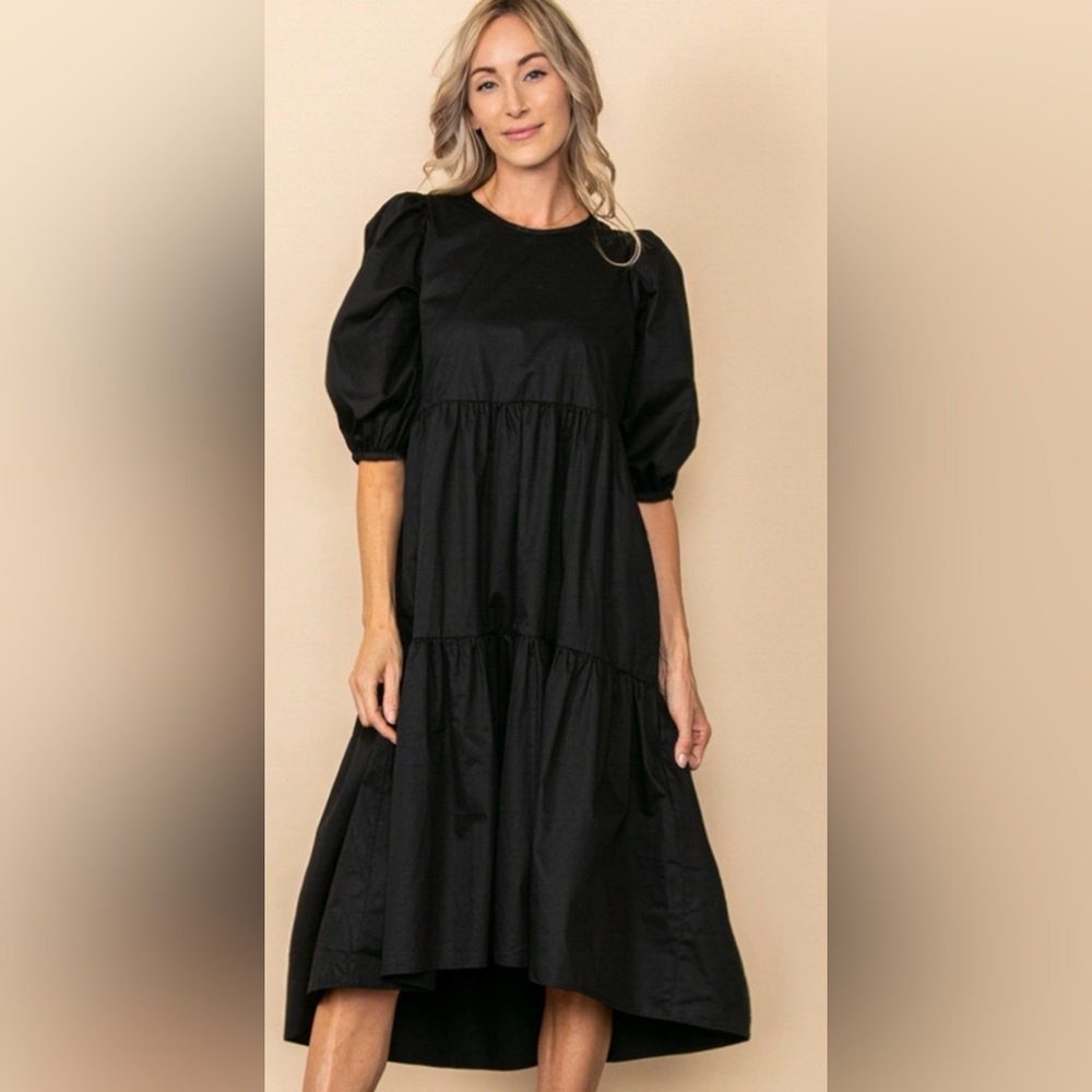 Elloh large Poplin Tiered High Low Cotton Midi Dress Pockets. A259